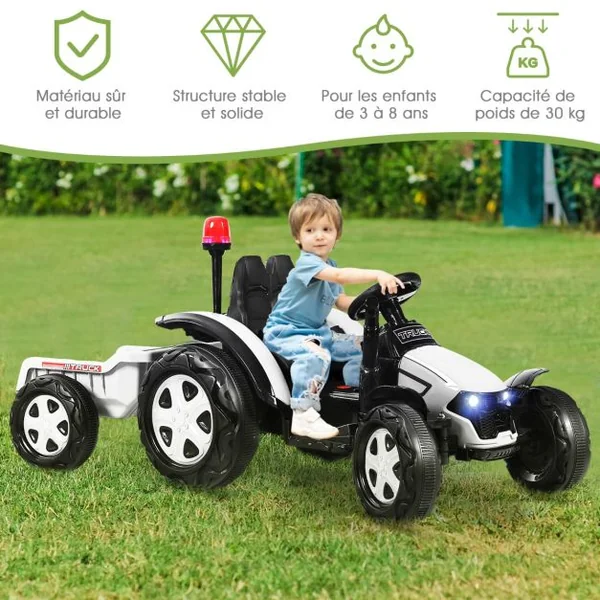 Tracteur Electrique avec Télécommande 2.4G 12V 7AH Vitesse : 3-8 km/h MP3 Port USB pour Enfants de 3 à 8 Ans Blanc/Noir/Rouge/Vert