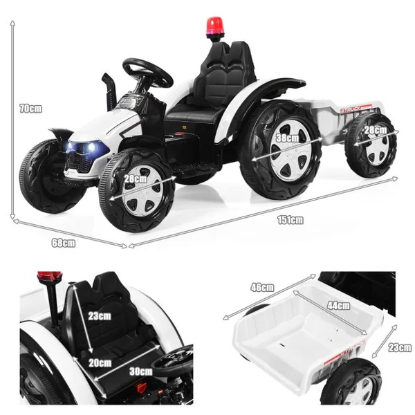 Tracteur Electrique avec Télécommande 2.4G 12V 7AH Vitesse : 3-8 km/h MP3 Port USB pour Enfants de 3 à 8 Ans Blanc/Noir/Rouge/Vert