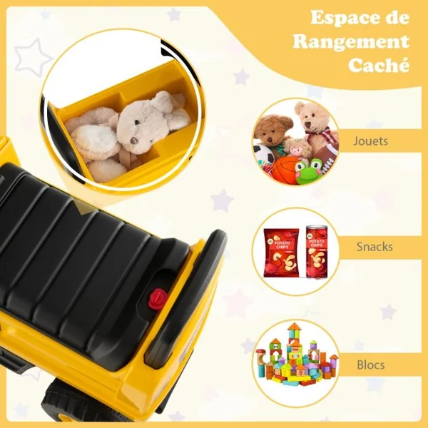 Tracteur pour Enfant Jouet Pelle avec Seau Rotatif Roues Anti-dérapantes Bouton Klaxon Stockage de Siège 25kg 1-3 Ans
