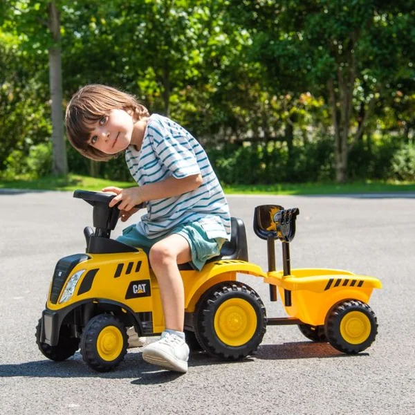 Tracteur Sous Licence Caterpillar Tracteur Pied au Sol avec Remorque Amovible Pelle Râteau Klaxon Lumières LED les 18 Mois à 3 Ans Jaune