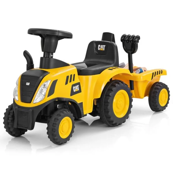 Tracteur Sous Licence Caterpillar Tracteur Pied au Sol avec Remorque Amovible Pelle Râteau Klaxon Lumières LED les 18 Mois à 3 Ans Jaune