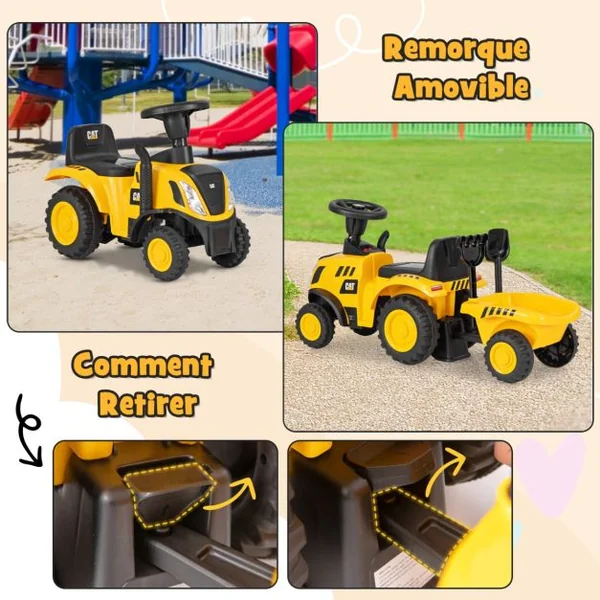 Tracteur Sous Licence Caterpillar Tracteur Pied au Sol avec Remorque Amovible Pelle Râteau Klaxon Lumières LED les 18 Mois à 3 Ans Jaune