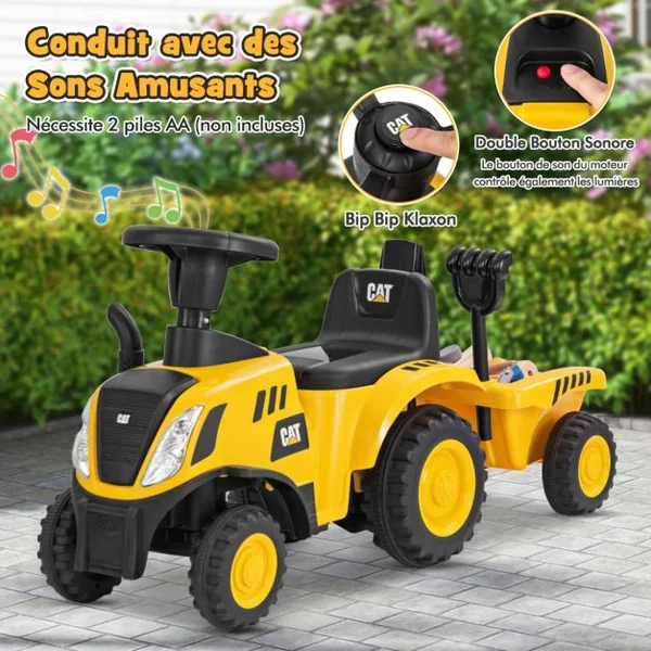 Tracteur Sous Licence Caterpillar Tracteur Pied au Sol avec Remorque Amovible Pelle Râteau Klaxon Lumières LED les 18 Mois à 3 Ans Jaune
