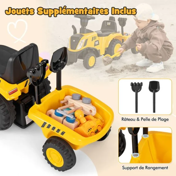 Tracteur Sous Licence Caterpillar Tracteur Pied au Sol avec Remorque Amovible Pelle Râteau Klaxon Lumières LED les 18 Mois à 3 Ans Jaune