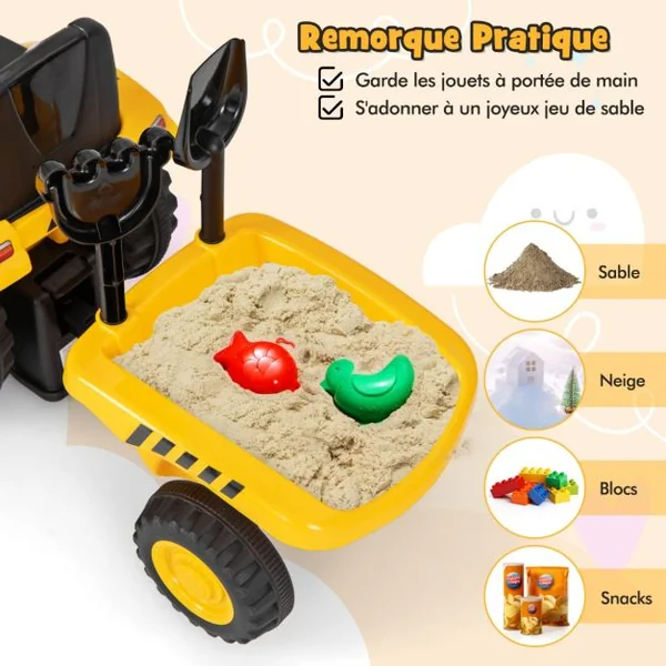 Tracteur Sous Licence Caterpillar Tracteur Pied au Sol avec Remorque Amovible Pelle Râteau Klaxon Lumières LED les 18 Mois à 3 Ans Jaune