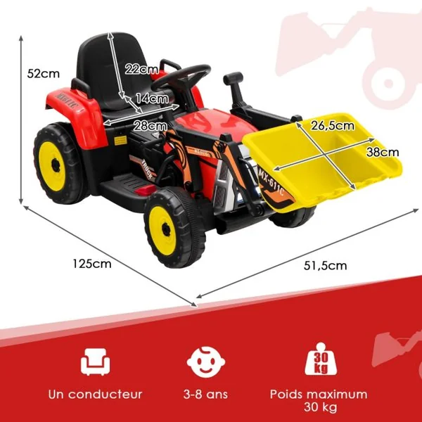 Tractopelle Electrique 12 V/7Ah pour Enfants 3-8 km/h Télécommande 2,4G Excavatrice pour 3-8 Ans Jaune