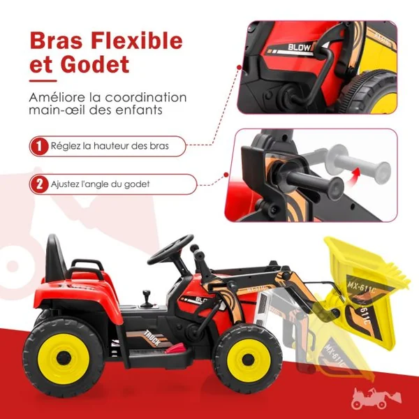 Tractopelle Electrique 12 V/7Ah pour Enfants 3-8 km/h Télécommande 2,4G Excavatrice pour 3-8 Ans Jaune