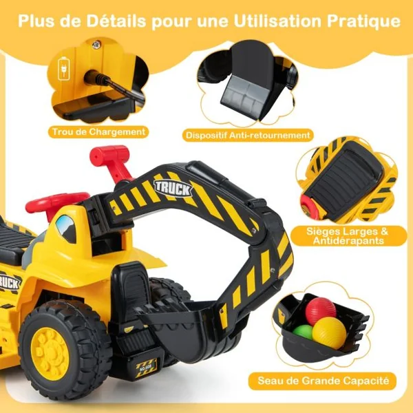 Tractopelle Électrique Jouet de Construction avec Godet Contrôlable Rangement Caché Effets Sonores Panier de Basket et 3 Balles pour Enfants de 2 Ans et Plus