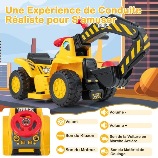 Tractopelle Électrique Jouet de Construction avec Godet Contrôlable Rangement Caché Effets Sonores Panier de Basket et 3 Balles pour Enfants de 2 Ans et Plus