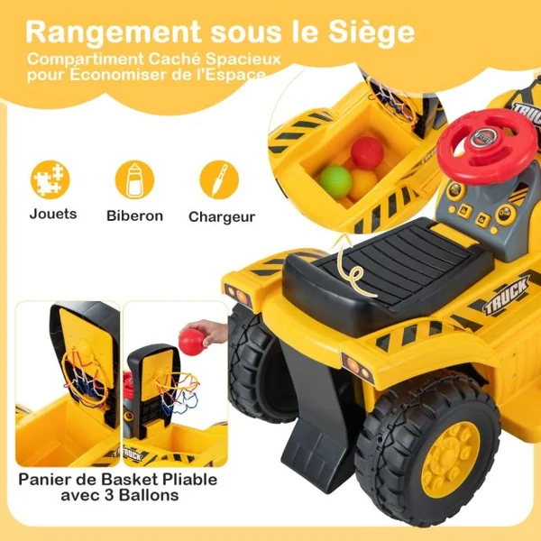 Tractopelle Électrique Jouet de Construction avec Godet Contrôlable Rangement Caché Effets Sonores Panier de Basket et 3 Balles pour Enfants de 2 Ans et Plus