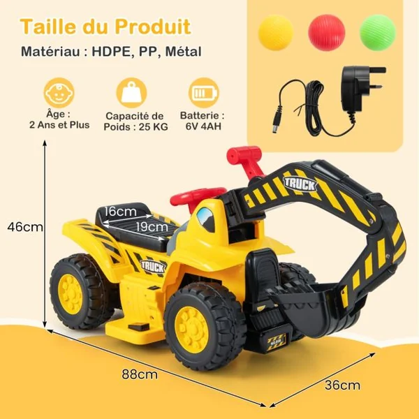 Tractopelle Électrique Jouet de Construction avec Godet Contrôlable Rangement Caché Effets Sonores Panier de Basket et 3 Balles pour Enfants de 2 Ans et Plus