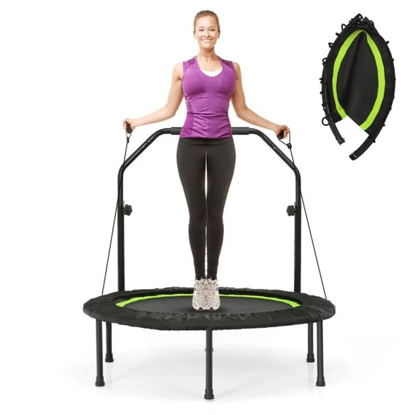 Trampoline de Fitness Pliable 101cm avec 2 Bandes de Résistance Main Courante Hauteur Réglable Charge 150 kg pour Enfants Bleu/Vert/Rouge