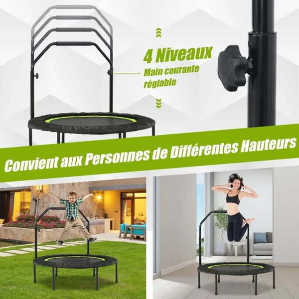 Trampoline de Fitness Pliable 101cm avec 2 Bandes de Résistance Main Courante Hauteur Réglable Charge 150 kg pour Enfants Bleu/Vert/Rouge