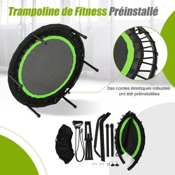 Trampoline de Fitness Pliable 101cm avec 2 Bandes de Résistance Main Courante Hauteur Réglable Charge 150 kg pour Enfants Bleu/Vert/Rouge