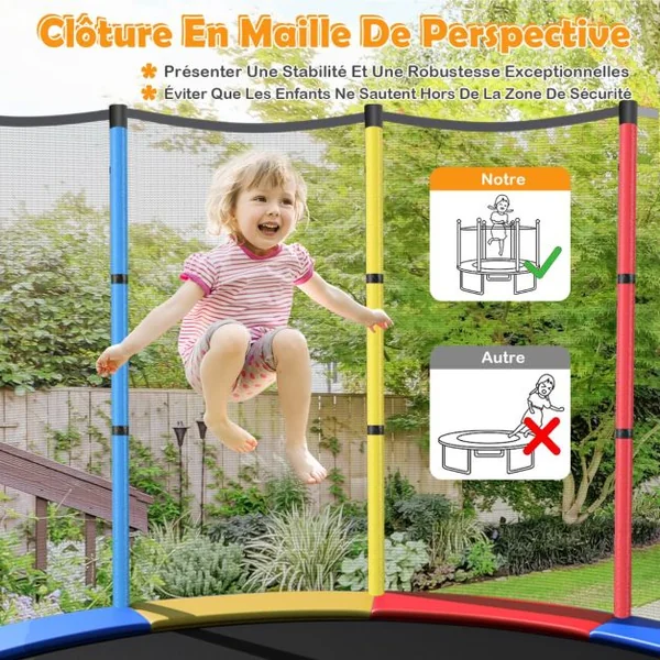 Trampoline de Jardin pour Enfants Ø165CM avec Filet de Protection121cm Appuis de Ressorts et Structure en Acier Bleu/Rouge/Vert/Coloré/Rose