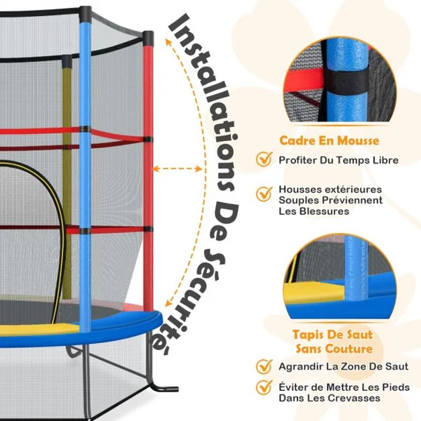Trampoline de Jardin pour Enfants Ø165CM avec Filet de Protection121cm Appuis de Ressorts et Structure en Acier Bleu/Rouge/Vert/Coloré/Rose