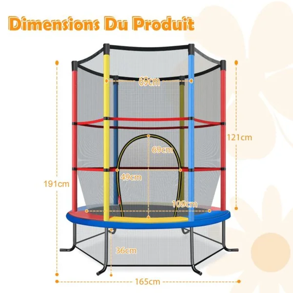 Trampoline de Jardin pour Enfants Ø165CM avec Filet de Protection121cm Appuis de Ressorts et Structure en Acier Bleu/Rouge/Vert/Coloré/Rose