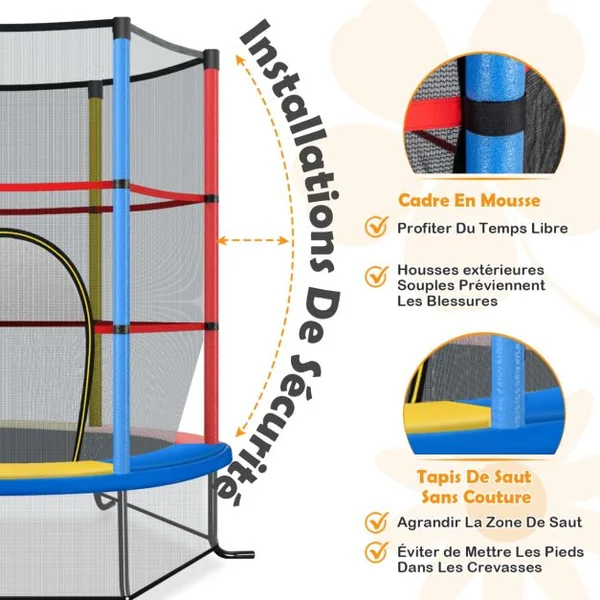 Trampoline de Jardin pour Enfants Ø165CM avec Filet de Protection Appuis de Ressorts et Structure en Acier Bleu/Coloré/Rouge/Vert/Rose