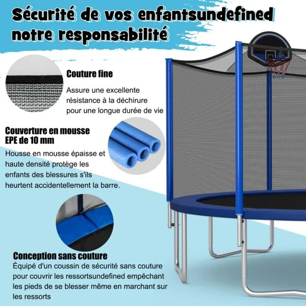 Trampoline d'Extérieur Ø366 cm Trampoline avec Panier de Basket Filet de Protection Trampoline pour Enfants et Adultes
