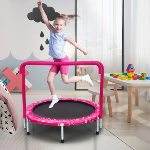 Trampoline Enfants Pliable Ø 92 cm avec Housse de Sécurité Matelassée et Poignée Recouverte Intérieur 150 KG Rose+Noir/Bleu+Noir/Jaune+Noir