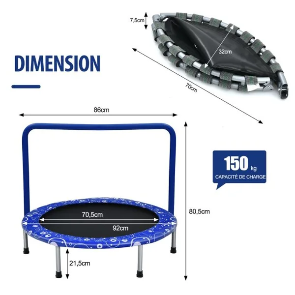 Trampoline Enfants Pliable Ø 92 cm avec Housse de Sécurité Matelassée et Poignée Recouverte Intérieur 150 KG Rose+Noir/Bleu+Noir/Jaune+Noir