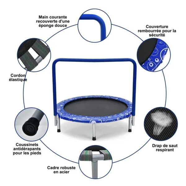Trampoline Enfants Pliable Ø 92 cm avec Housse de Sécurité Matelassée et Poignée Recouverte Intérieur 150 KG Rose+Noir/Bleu+Noir/Jaune+Noir