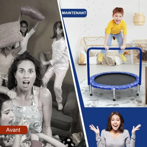 Trampoline Enfants Pliable Ø 92 cm avec Housse de Sécurité Matelassée et Poignée Recouverte Intérieur 150 KG Rose+Noir/Bleu+Noir/Jaune+Noir