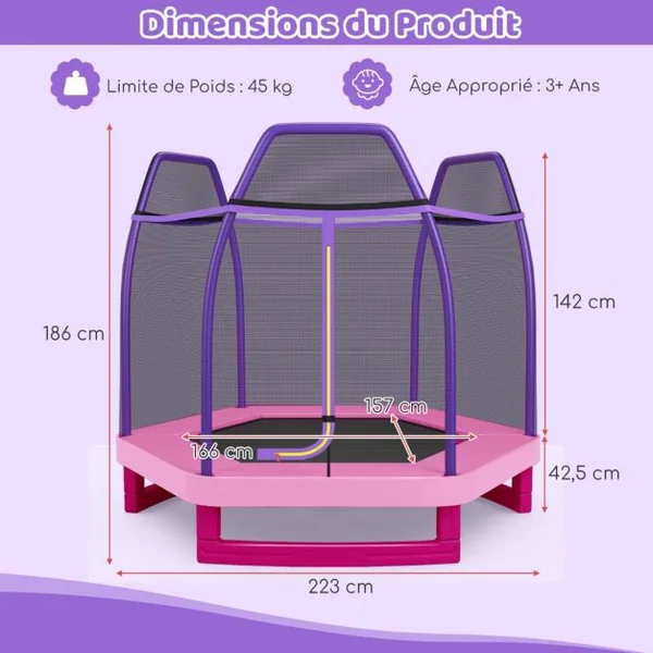 Trampoline Enfants φ223CM avec Filet de Sécurité Respirant 36 Ressorts Protégés Structure Acier Galvanisé Tapis de Saut PP Bleu/Jaune/Orange/Rose/Vert