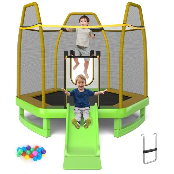 Trampoline Extérieur Ø 223cm Enfants avec Toboggan & Echelle avec Filet de Sécurité 20 Balles 2 Portes en U Charge 270kg pour 2-3 Enfants de 3 Ans+ Bleu