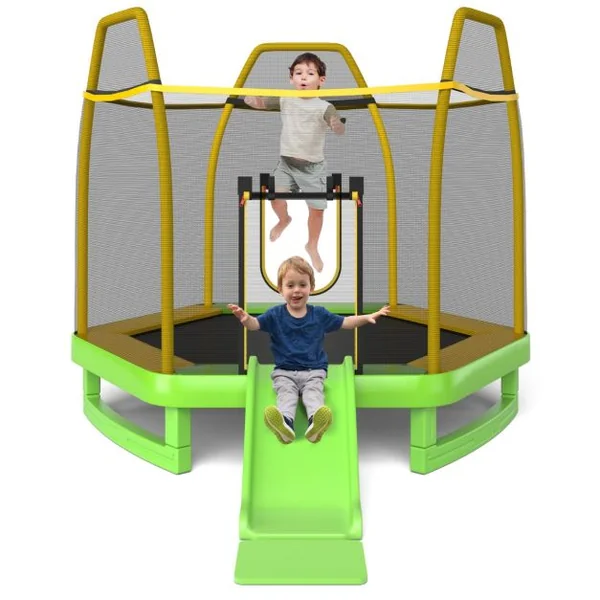 Trampoline Extérieur Ø 223cm Enfants avec Toboggan & Echelle avec Filet de Sécurité 20 Balles 2 Portes en U Charge 270kg pour 2-3 Enfants de 3 Ans+ Bleu