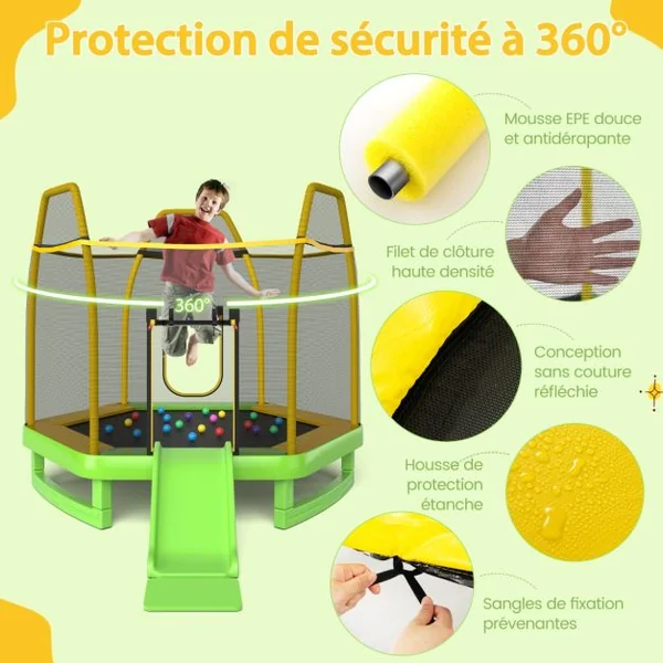 Trampoline Extérieur Ø 223cm Enfants avec Toboggan & Echelle avec Filet de Sécurité 20 Balles 2 Portes en U Charge 270kg pour 2-3 Enfants de 3 Ans+ Bleu