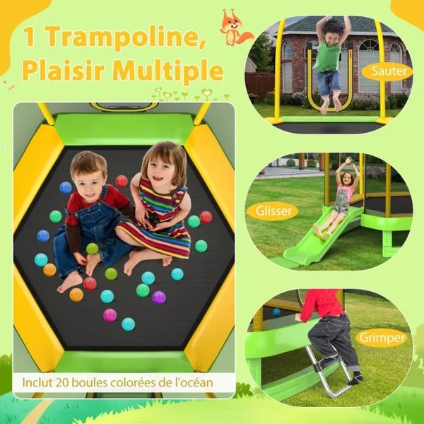 Trampoline Extérieur Ø 223cm Enfants avec Toboggan & Echelle avec Filet de Sécurité 20 Balles 2 Portes en U Charge 270kg pour 2-3 Enfants de 3 Ans+ Bleu