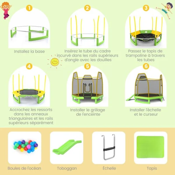 Trampoline Extérieur Ø 223cm Enfants avec Toboggan & Echelle avec Filet de Sécurité 20 Balles 2 Portes en U Charge 270kg pour 2-3 Enfants de 3 Ans+ Bleu