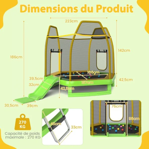 Trampoline Extérieur Ø 223cm Enfants avec Toboggan & Echelle avec Filet de Sécurité 20 Balles 2 Portes en U Charge 270kg pour 2-3 Enfants de 3 Ans+ Bleu