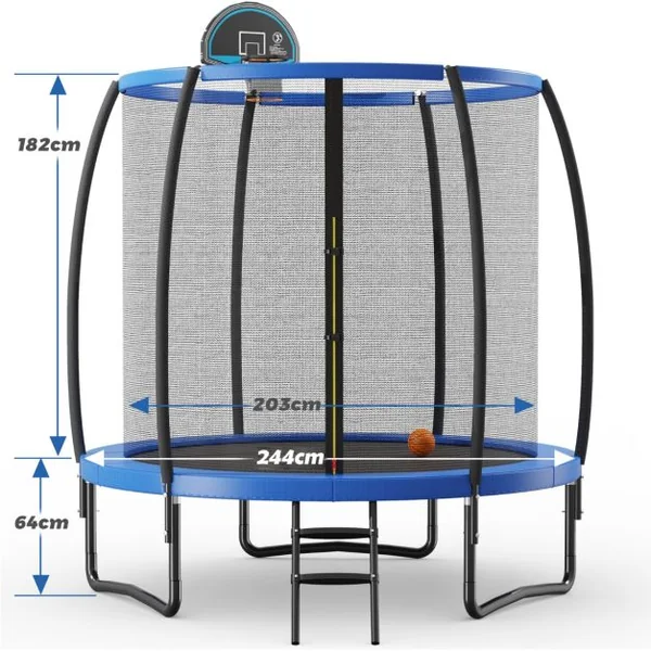 Trampoline Extérieur Ø 2,44 m avec Filet de Protection Panier de Basket Coussin de Sécurité Echelle 2 Marches Tapis de Saut