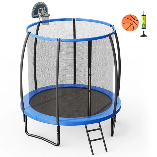 Trampoline Extérieur Ø 2,44 m avec Filet de Protection Panier de Basket Coussin de Sécurité Echelle 2 Marches Tapis de Saut