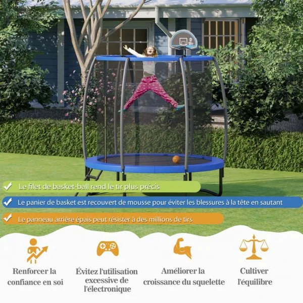 Trampoline Extérieur Ø 2,44 m avec Filet de Protection Panier de Basket Coussin de Sécurité Echelle 2 Marches Tapis de Saut