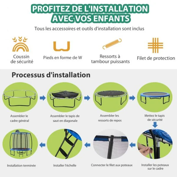 Trampoline Extérieur Ø 2,44 m avec Filet de Protection Panier de Basket Coussin de Sécurité Echelle 2 Marches Tapis de Saut