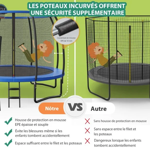 Trampoline Extérieur Ø 3,05 m avec Filet de Protection Panier de Basket Coussin de Sécurité Echelle 2 Marches Tapis de Saut
