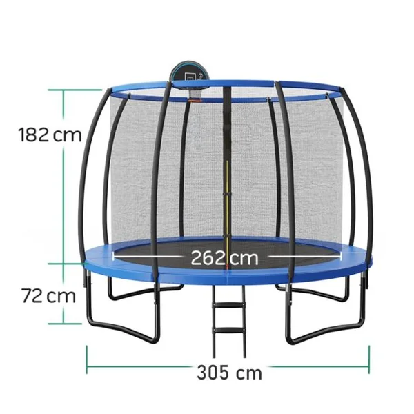 Trampoline Extérieur Ø 3,05 m avec Filet de Protection Panier de Basket Coussin de Sécurité Echelle 2 Marches Tapis de Saut