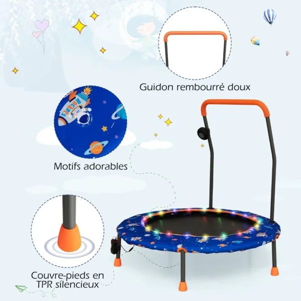 Trampoline pour Enfants Ø92CM Lumineux avec Poignée Amovible Charge 25KG pour Sports de Saut Intérieur Extérieur Bleu