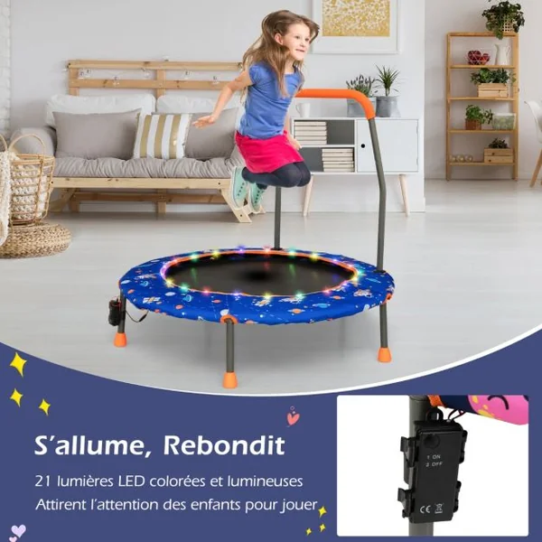 Trampoline pour Enfants Ø92CM Lumineux avec Poignée Amovible Charge 25KG pour Sports de Saut Intérieur Extérieur Bleu