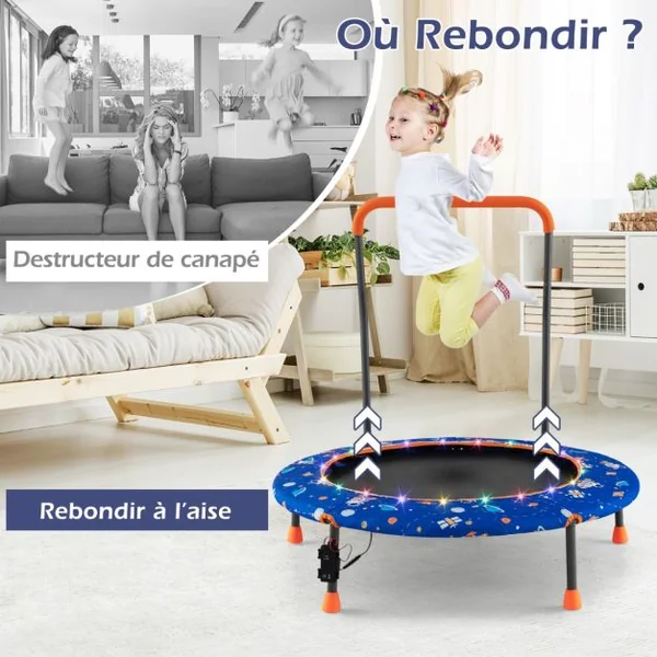 Trampoline pour Enfants Ø92CM Lumineux avec Poignée Amovible Charge 25KG pour Sports de Saut Intérieur Extérieur Bleu