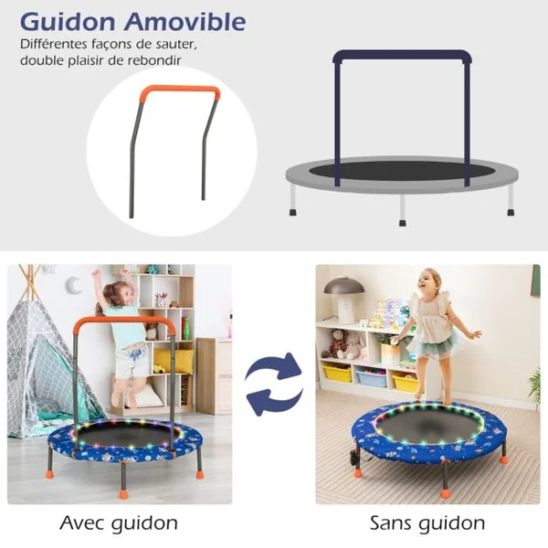 Trampoline pour Enfants Ø92CM Lumineux avec Poignée Amovible Charge 25KG pour Sports de Saut Intérieur Extérieur Bleu