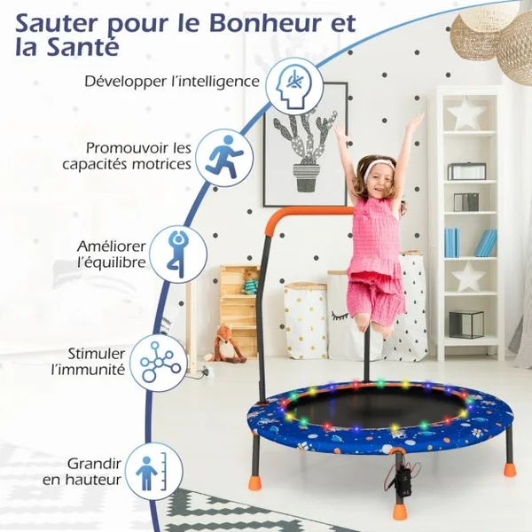 Trampoline pour Enfants Ø92CM Lumineux avec Poignée Amovible Charge 25KG pour Sports de Saut Intérieur Extérieur Bleu