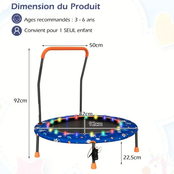 Trampoline pour Enfants Ø92CM Lumineux avec Poignée Amovible Charge 25KG pour Sports de Saut Intérieur Extérieur Bleu