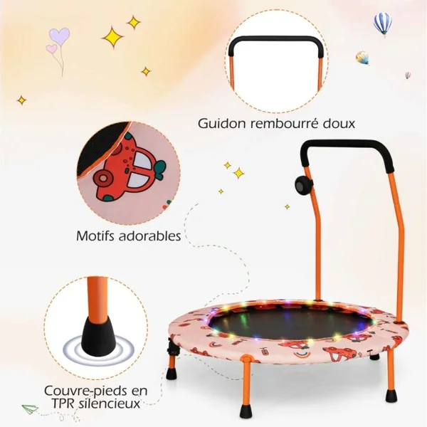 Trampoline pour Enfants Ø92CM Lumineux avec Poignée Amovible Charge 25KG pour Sports de Saut Intérieur Extérieur Orange