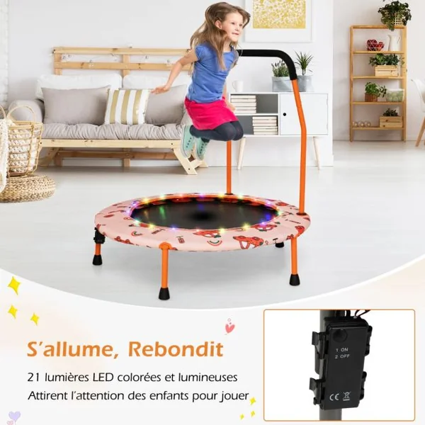 Trampoline pour Enfants Ø92CM Lumineux avec Poignée Amovible Charge 25KG pour Sports de Saut Intérieur Extérieur Orange