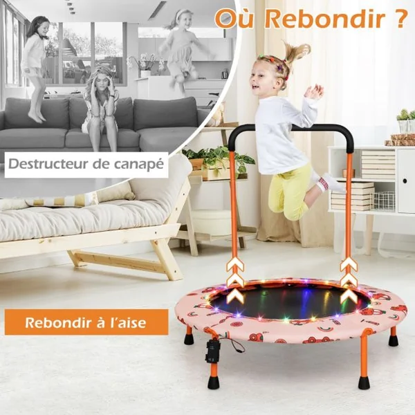 Trampoline pour Enfants Ø92CM Lumineux avec Poignée Amovible Charge 25KG pour Sports de Saut Intérieur Extérieur Orange