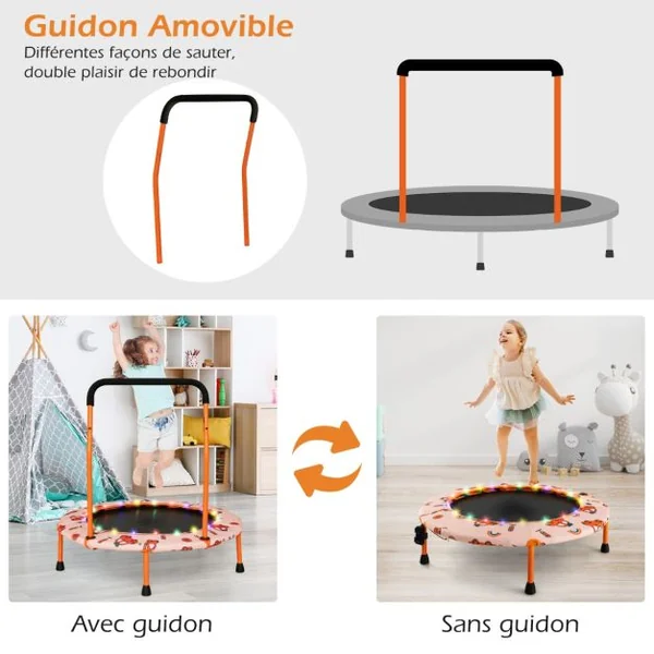 Trampoline pour Enfants Ø92CM Lumineux avec Poignée Amovible Charge 25KG pour Sports de Saut Intérieur Extérieur Orange